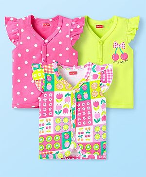 Babyhug 100% Cotton Knit Frill Sleeves Front Open Vest With Polka Dots & Tropical Print Pack Of 3 - Pink & Limegreen