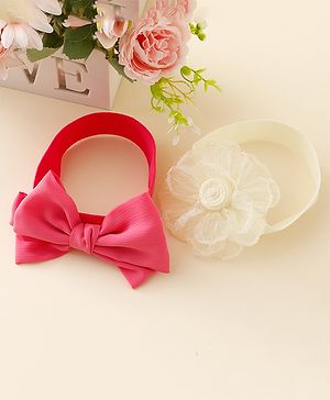 Babyhug Free Size Headbands With Floral & Bow Applique Pack Of 2 - Fuchsia & Beige