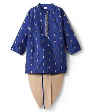 Babyhug Woven Full Sleeves Kurta Dhoti Set with Floral Embroidery & Sequin Detailing - Navy Blue
