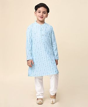 Babyhug Full Sleeves Woven Kurta Pyjama Set with Sequin & Embroidery - Light Blue