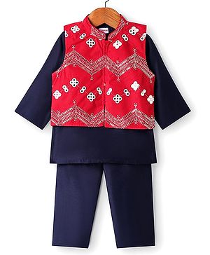 Babyhug Woven Full Sleeves Kurta & Pajama Set with Mirror Work & Embroidered Waistcoat - Navy Blue