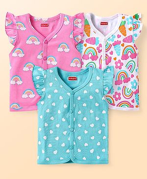 Babyhug 100% Cotton Knit Frill Sleeves Front Open Vest With Polka Dots & Rainbow Print Pack Of 3 - Pink & Light Blue