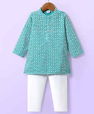 Babyhug Woven Full Sleeves Kurta & Pajama Set With Floral Embroidery - Light Blue & White
