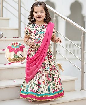 Babyhug Woven Half Sleeves Choli Lehenga Set with Dupatta & Floral Print & Lace Detailing - Pink & Offwhite