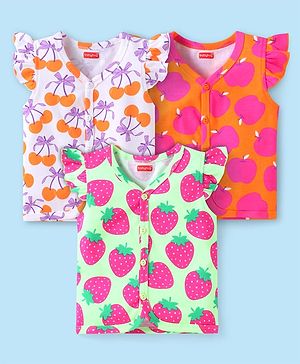 Babyhug Interlock Knit Frill Sleeves Front Open Vest With Tropical Theme Print Pack Of 3 - Orange White & Light Green