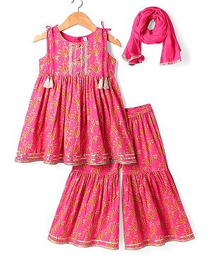Babyhug Cotton Woven Sleeveless Floral Printed Kurti & Gharara Set with Dupatta - Dark Pink