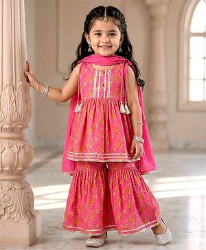 Babyhug Cotton Woven Sleeveless Floral Printed Kurti & Gharara Set with Dupatta - Dark Pink
