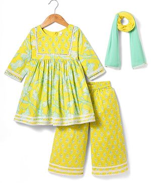 Babyhug Cotton Woven Three Fourth Sleeves Kurti Palazzo  Set with Dupatta  Lace Detailing & Leaves Print - Light Green