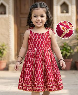 Babyhug Cotton Woven Sleeveless Ethnic Dress with Floral Print - Maroon
