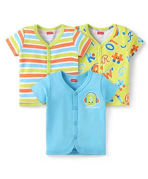 Babyhug 100% Cotton Knit Half Sleeves Front Open Vests with Stripes & Text Print Pack of 3 - Sky Blue Green & Red