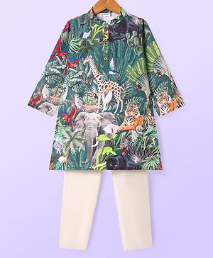 Babyhug Woven Full Sleeves Kurta Pyjama Set Forest Print - Dark Green