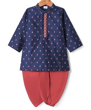 Babyhug Woven Full Sleeves Foil Printed Embroidered Kurta Dhoti Set - Blue & Red