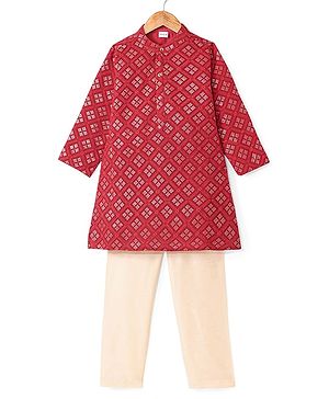 Babyhug Woven Full Sleeves Sequinned Embellished Kurta Pyjama Set  - Red