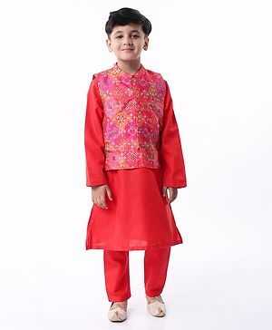 Babyhug Woven Full Sleeves Kurta & Pyjama Set With Bandhani Printed Jacket - Red