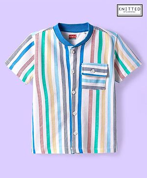 Babyhug Cotton Knit Half Sleeves Mandarin Collar Striped Shirt - White