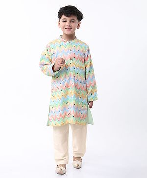 Babyhug Woven Full Sleeves Mirror Embellished Kurta Pyjama Set with Cheveron Print - Pink & Yellow