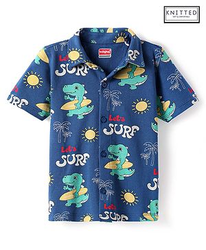 Babyhug Cotton Knit Half Sleeves Shirt with Dino & Surfing Theme Print - Navy Blue
