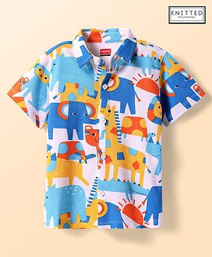 Babyhug Cotton Knit Half Sleeves Shirt with Animal Print - Blue