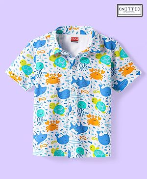 Babyhug Cotton Knit Half Sleeves Shirt with Aquatic Animal Print - White