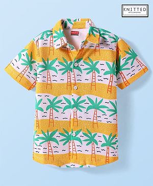 Babyhug Cotton Knit Half Sleeves Shirt with Beach Theme Print - Orange