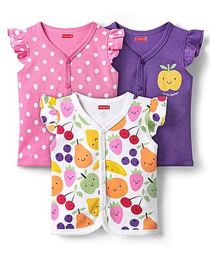 Babyhug 100% Cotton Interlock Knit Front Open Frill Sleeves Vests With Polka Dots & Tropical Theme Print Pack Of 3 - Pink White & Purple