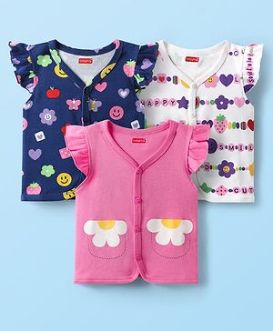 Babyhug 100% Interlock Knit Frill Sleeves Front Open Vests With Floral Print Pack Of 3 - Pink Navy Blue & White
