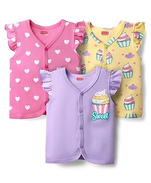 Babyhug Interlock Knit Frill Sleeves Front Open Vests With Heart & Ice Cream Print Pack Of 3 - Pink Purple & Yellow