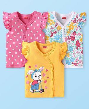 Babyhug 100% Cotton Knit Frill Sleeves Front Open Vests with Floral & Polka Dots Print Pack of 3 - Pink Yellow & White