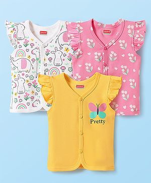 Babyhug 100% Cotton Interlock Knit Front Open Vests With Floral & Elephant Print Pack Of 3 - Yellow Pink & White