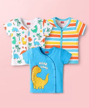 Babyhug 100% Cotton Interlock Knit Front Open Half Sleeves Vests With Striped & Dino Print Pack Of 3 - Light Blue & White