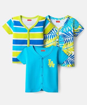 Babyhug 100% Cotton Half Sleeves Front Open Jhablas  With Stripes & Tropical Print Pack Of 3 - Light Blue & Neon Green.
