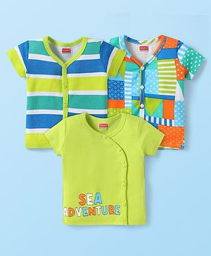 Babyhug 100% Cotton Knit Front Open Vests with Stripes & Star Print Pack of 3 - Green Blue & Orange