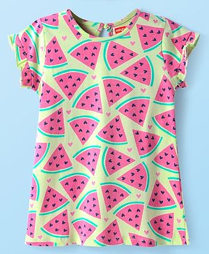 Babyhug Cotton Knit Frill Sleeves Nighty With Fruit Print - Light Green