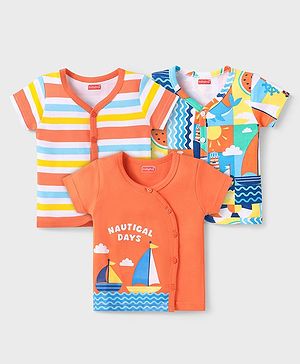 Babyhug 100% Cotton Knit Half Sleeves Front Open Vest With Stripes & Nautical Print Pack Of 3 - Orange & Light Blue