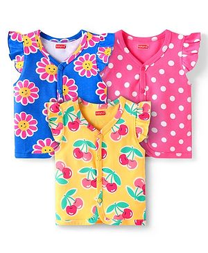 Babyhug Interlock Knit Frill Sleeves Front Open Vests With Fruit & Floral Print Pack of 3 - Yellow Blue & Pink