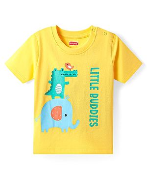 Babyhug Cotton Knit Half Sleeves T-Shirt With Animal & Text  - Yellow