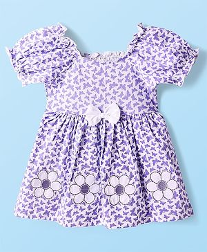 Babyhug Single Jersey Knit Half Puffed Sleeves Butterfly Printed Frock with Floral Patch & Bow Applique - White