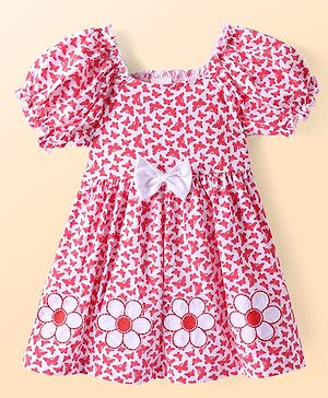 Babyhug Single Jersey Knit Puffed Sleeves Frock with Butterfly Print & Flower Bow Applique -  Dark Pink & White