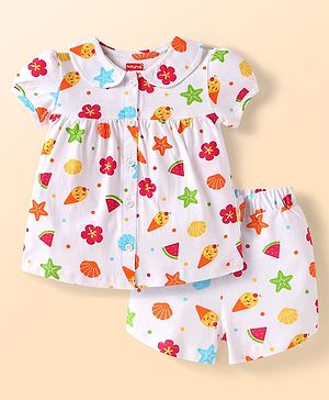 Babyhug Cotton Knit Half Sleeves Shorts Night Suit With Floral & Fruit Print - White