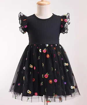Mark & Mia Cotton Woven Frill
                              Sleeves Floral Embroidered Party Dress -
                              Black