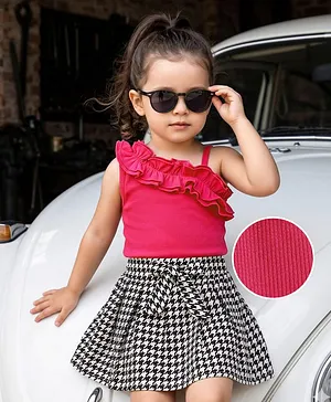 Mark & Mia Woven Sleeveless Top
                              & Printed Skirt with Frill Detailing -
                              Dark Pink & Black