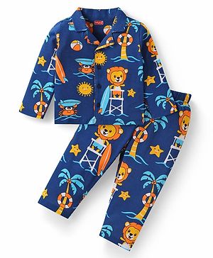 Babyhug Cotton Knit Full Sleeves Night Suit With Lion Print - Navy Blue