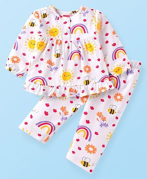 Babyhug Cotton Knit Full Sleeves Night Suit With Floral & Honeybee Print - White