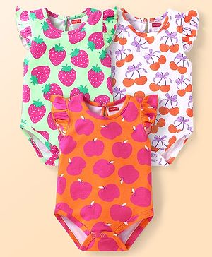 Babyhug 100% Cotton Knit Frill Sleeves Onesies With Fruit Print Pack of 3 - White Orange & Light Green