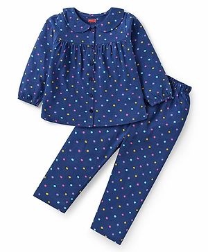 Babyhug Cotton Knit Front Open Full Sleeves Peter Pan Collar Night Suit with Polka Dot Print - Navy Blue