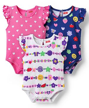 Babyhug 100% Cotton Knit Frill Sleeves Fruit & Heart Printed Onesies Pack of 3 - White Pink & Navy Blue