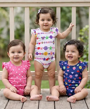 Babyhug 100% Cotton Knit Frill
                              Sleeves Fruit & Heart Printed Onesies
                              Pack of 3 - White Pink & Navy Blue