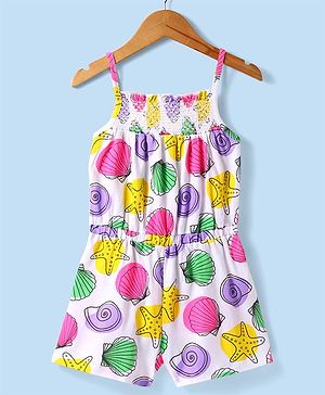 Babyhug Cotton Knit Singlet Sleeves Jumpsuit with Sea Life Print & Shimmer - White