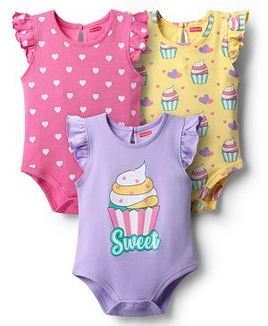 Babyhug 100% Cotton Knit Frill Sleeves Cupcake & Polka Dot Printed Onesies Pack of 3- Lilac Yellow & Dark Pink