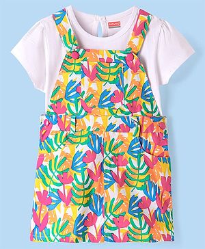 Babyhug Cotton Knit Frock & Half Sleeves Inner Tee With Leaf Print - White